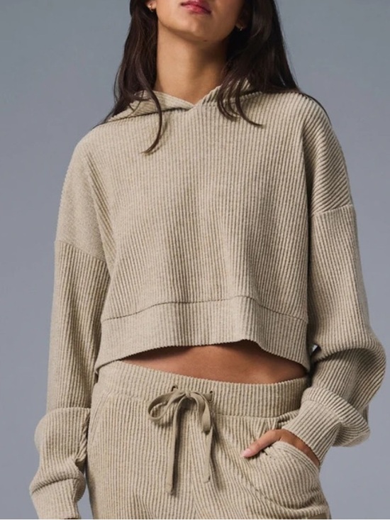 ALO Yoga Tops - ALO Yoga Muse Hoodie Gravel Heather Long Sleeve Crop Sweatshirt Tan Gym Workout